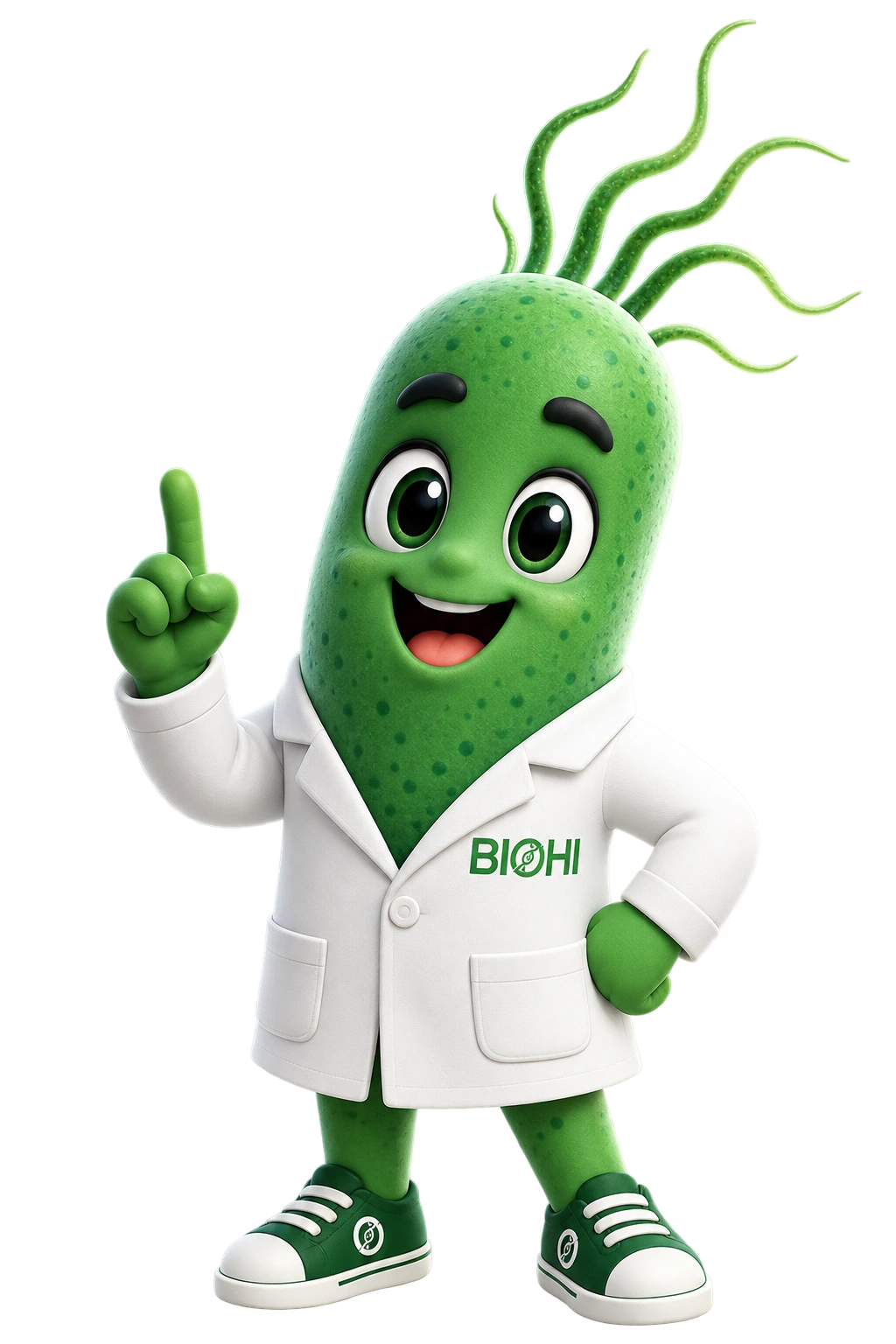 Mascota de BIOHI con bata de laboratorio